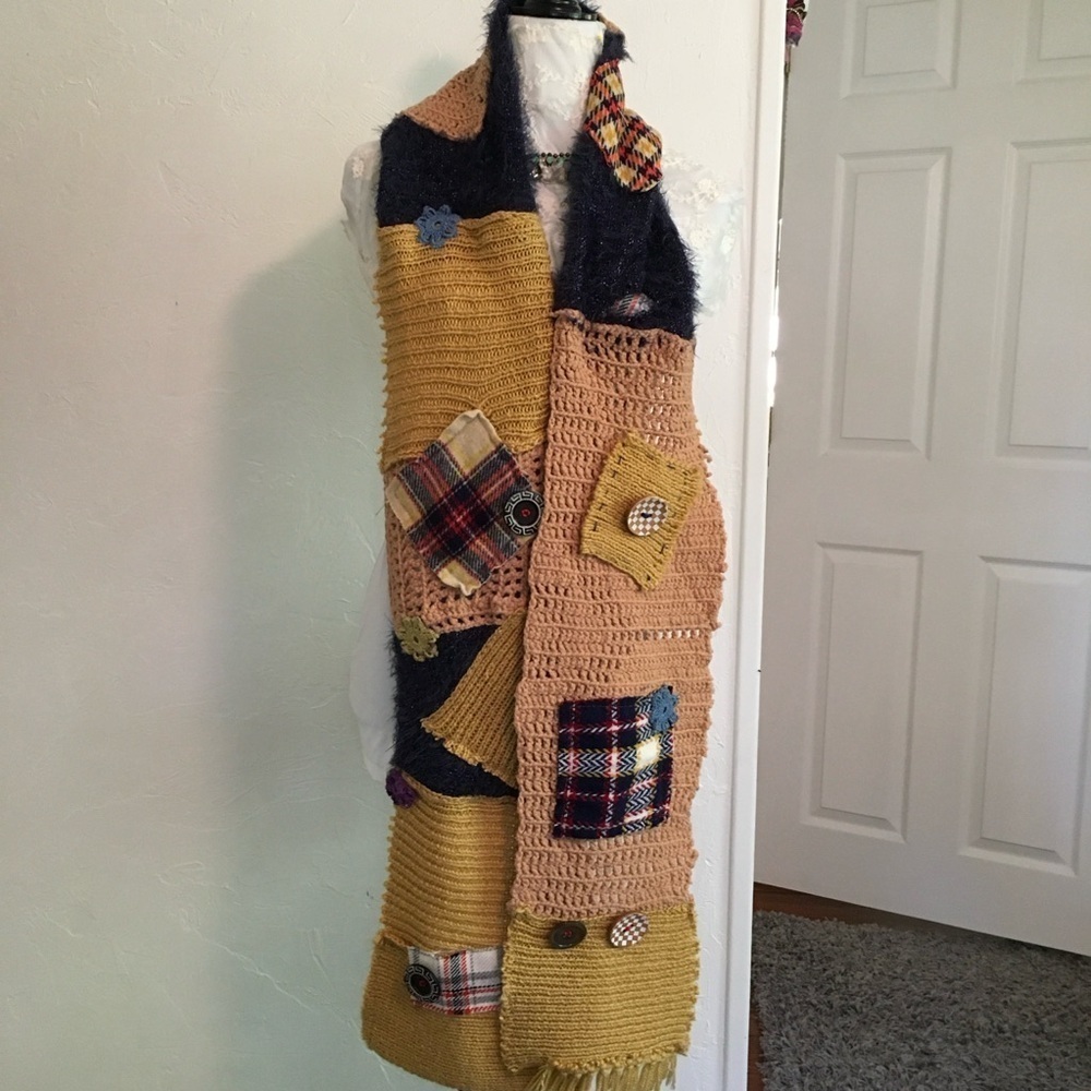 Scarf Knit Crochet Plaid Patches Multi Texture 80 Inches
